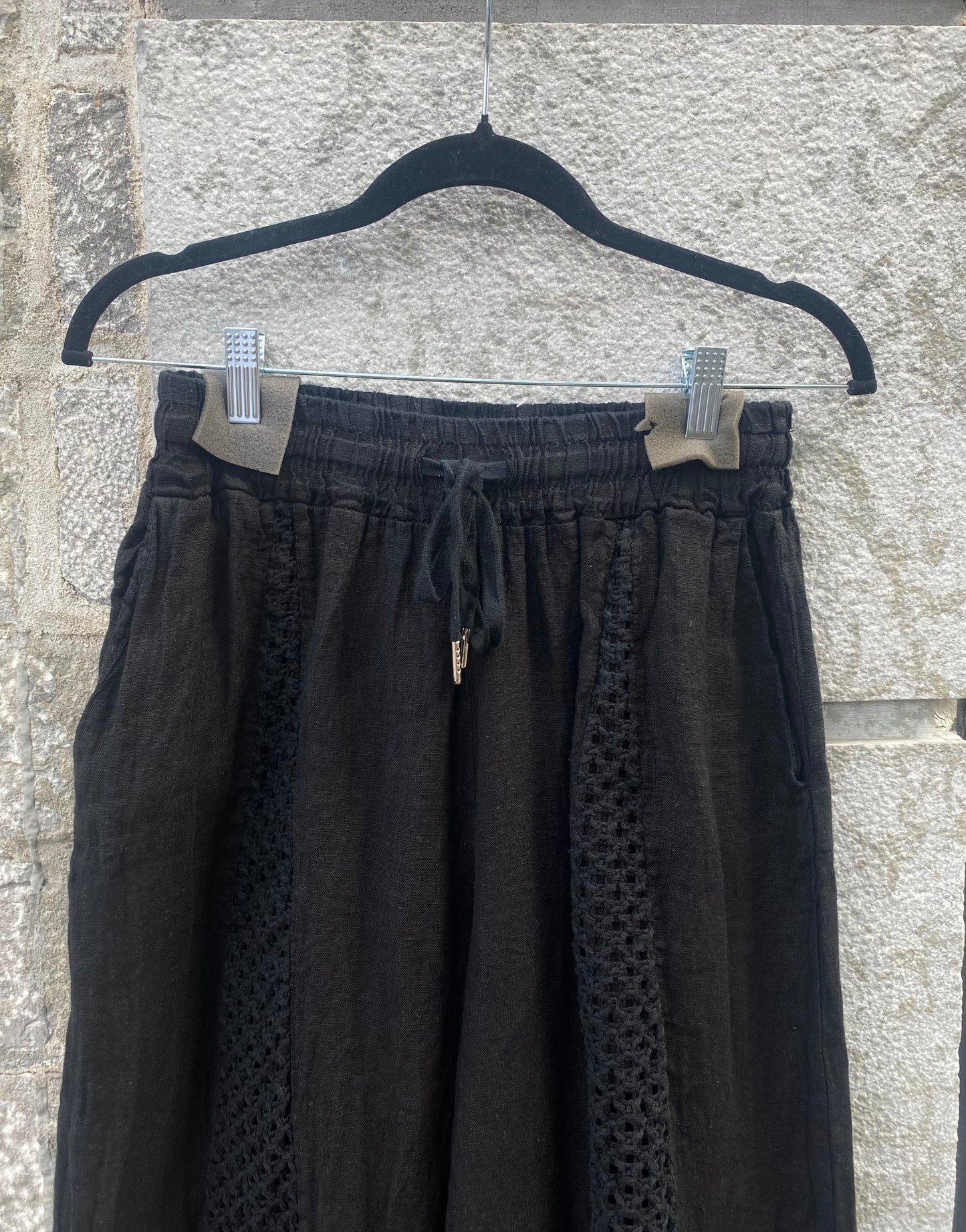 Linen Mix Crochet Front Pant with Pockets - BLACK