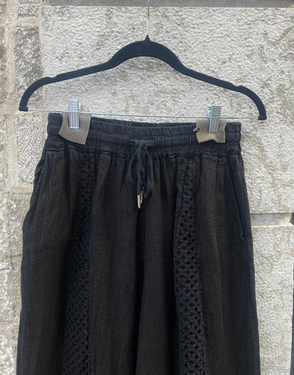 Linen Mix Crochet Front Pant with Pockets - BLACK