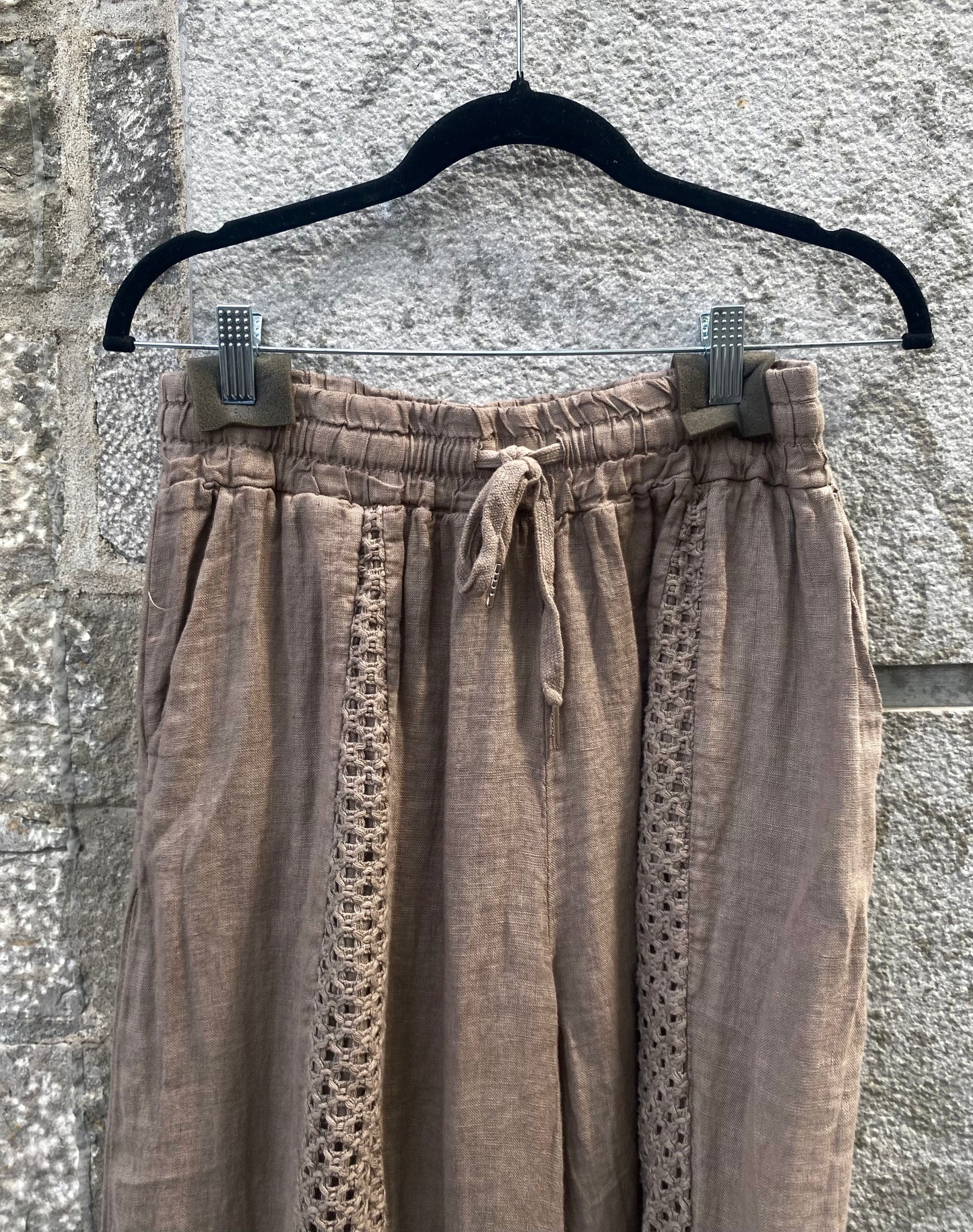 Linen Mix Crochet Front Pant with Pockets - TAUPE
