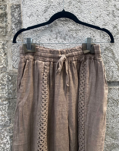 Linen Mix Crochet Front Pant with Pockets - TAUPE