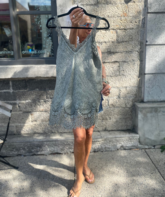100% Linen Lace Trim Tank Top - SAGE