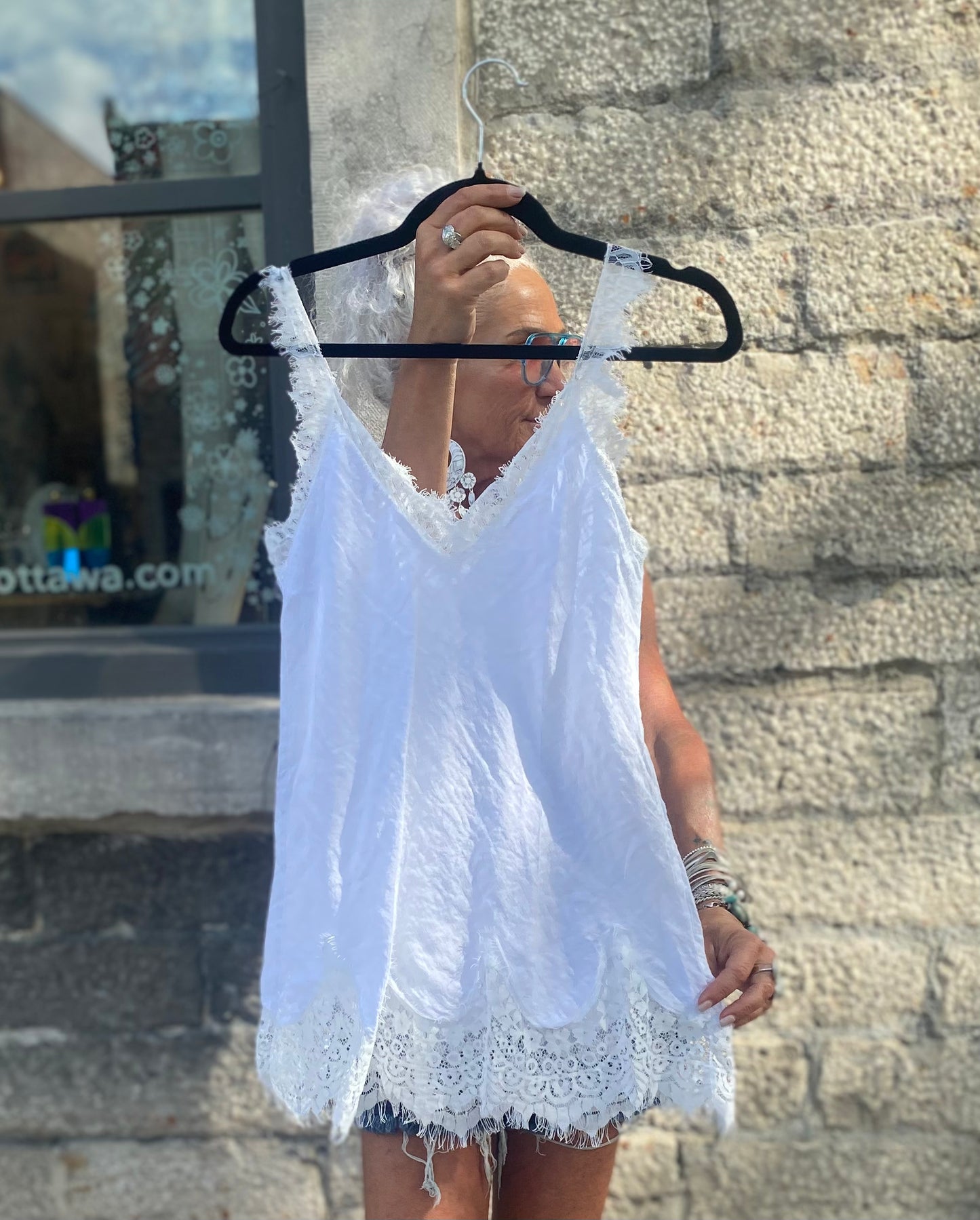 100% Linen Lace Trim Tank Top - WHITE