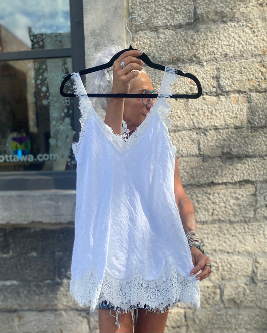 100% Linen Lace Trim Tank Top - WHITE
