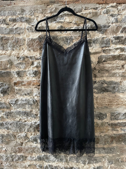 Pleather and Lace Slip Dress - BLACK
