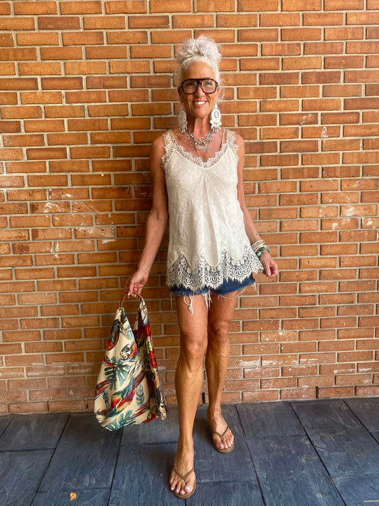 100% Linen Lace Trim Tank Top - BEIGE