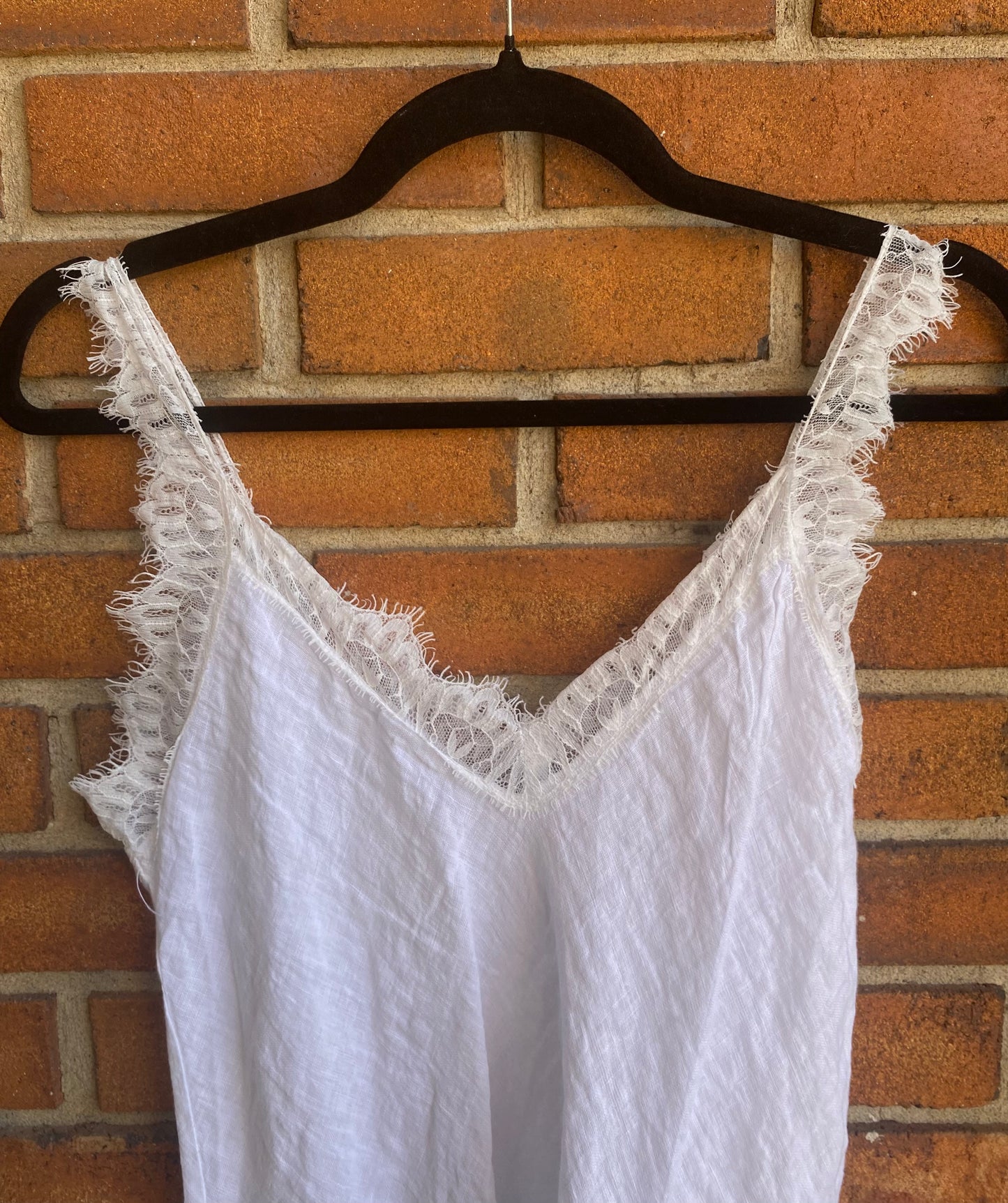 100% Linen Lace Trim Tank Top - WHITE