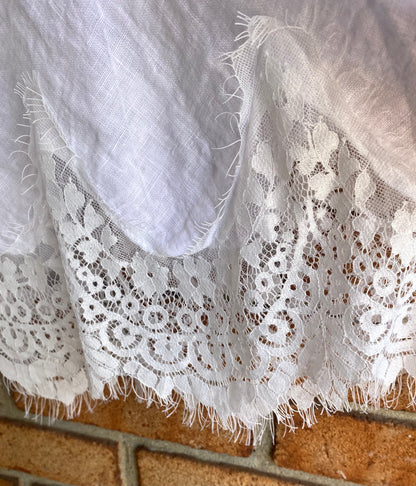 100% Linen Lace Trim Tank Top - WHITE