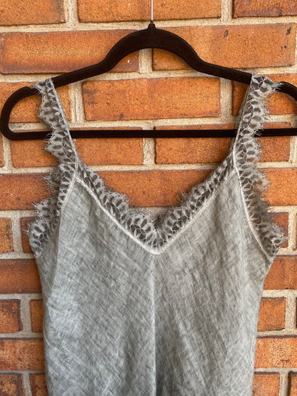 100% Linen Lace Trim Tank Top - SAGE GREEN