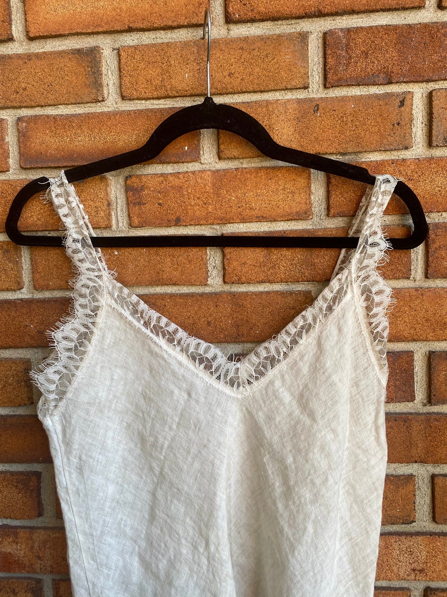 100% Linen Lace Trim Tank Top - BEIGE