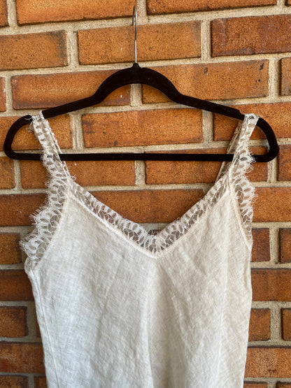 100% Linen Lace Trim Tank Top - BEIGE