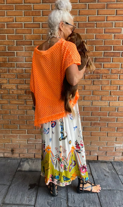 100% Cotton Knit Asymmetrical Top - ORANGE