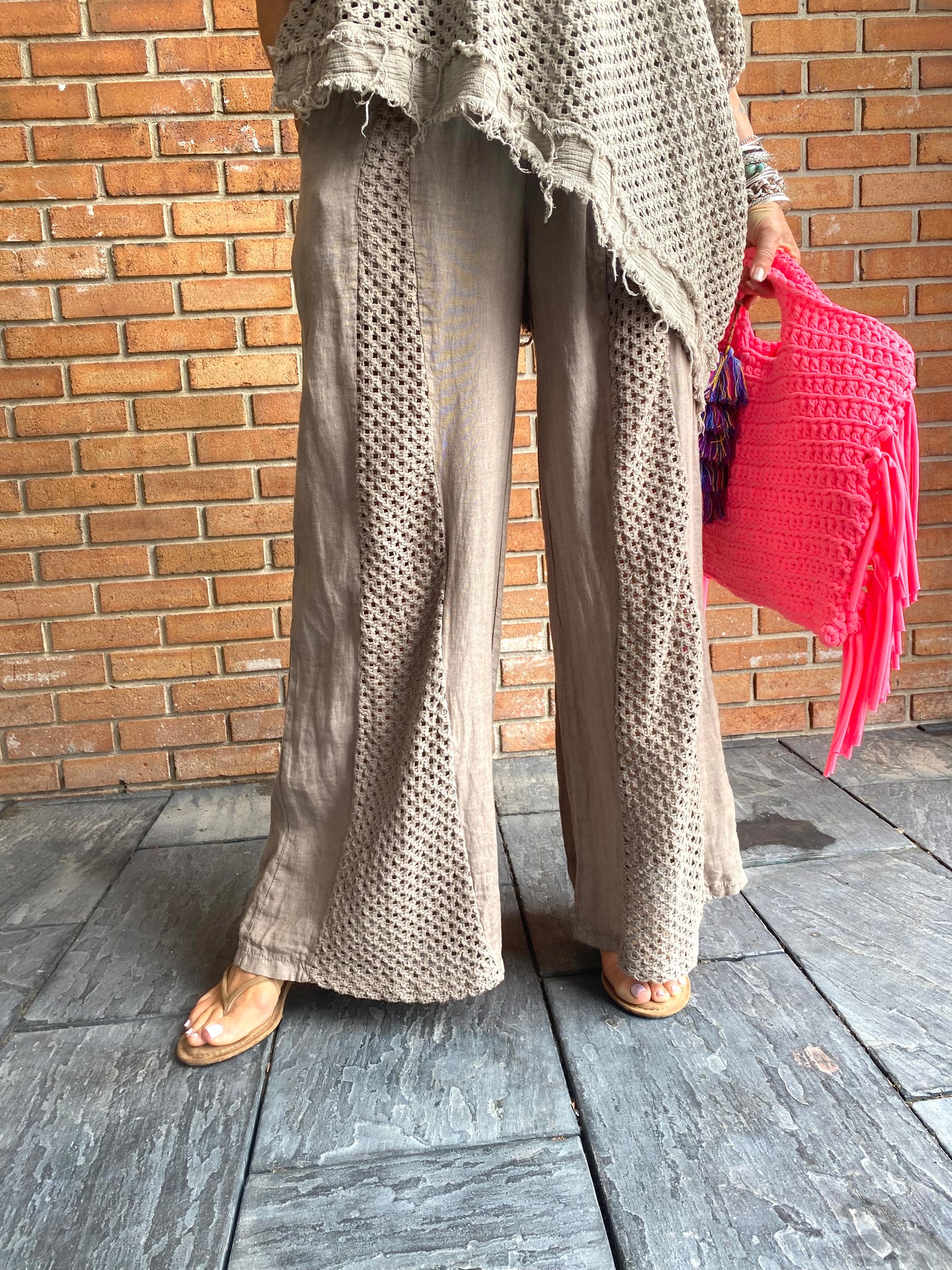 Linen Mix Crochet Front Pant with Pockets - TAUPE