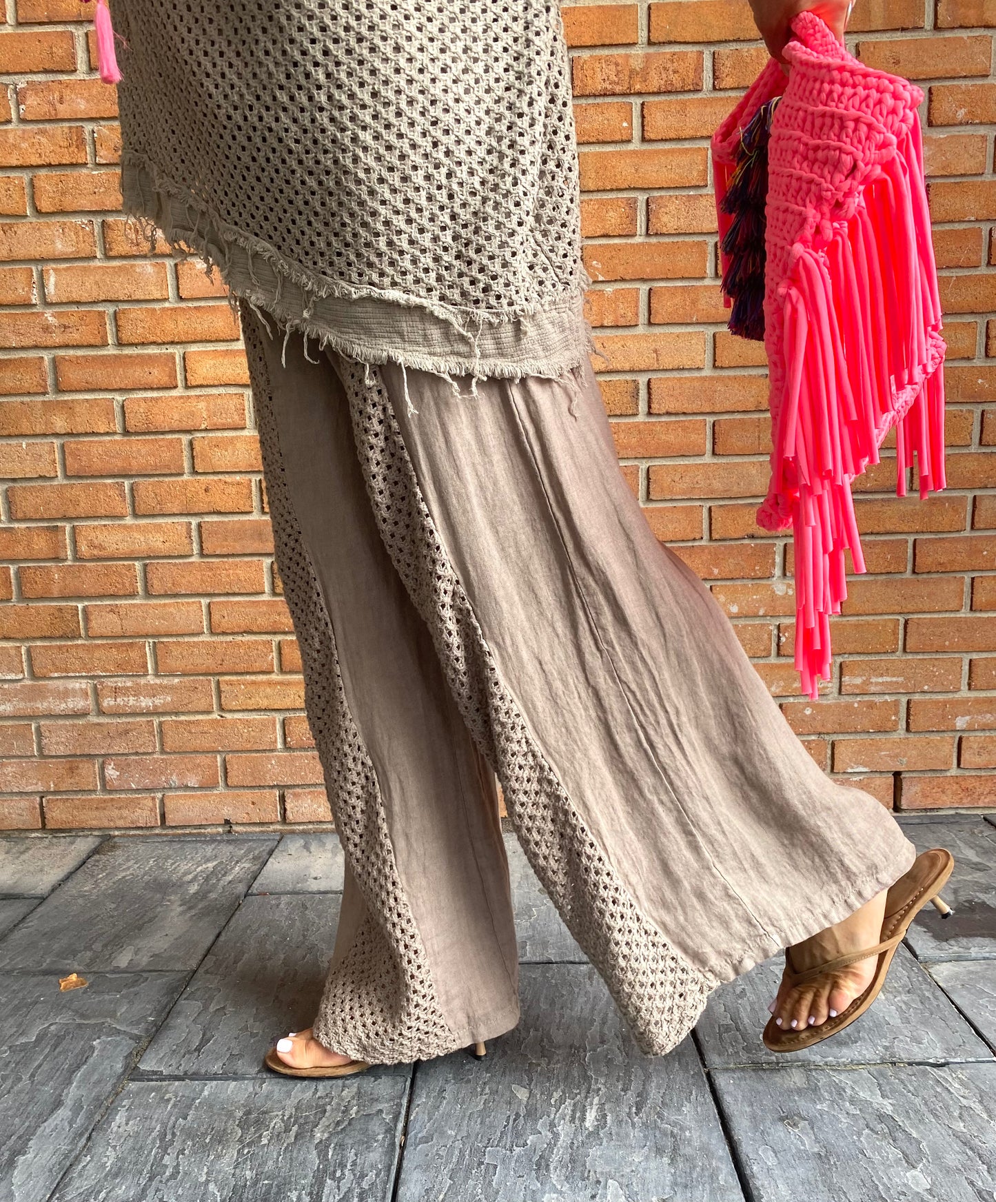 Linen Mix Crochet Front Pant with Pockets - TAUPE