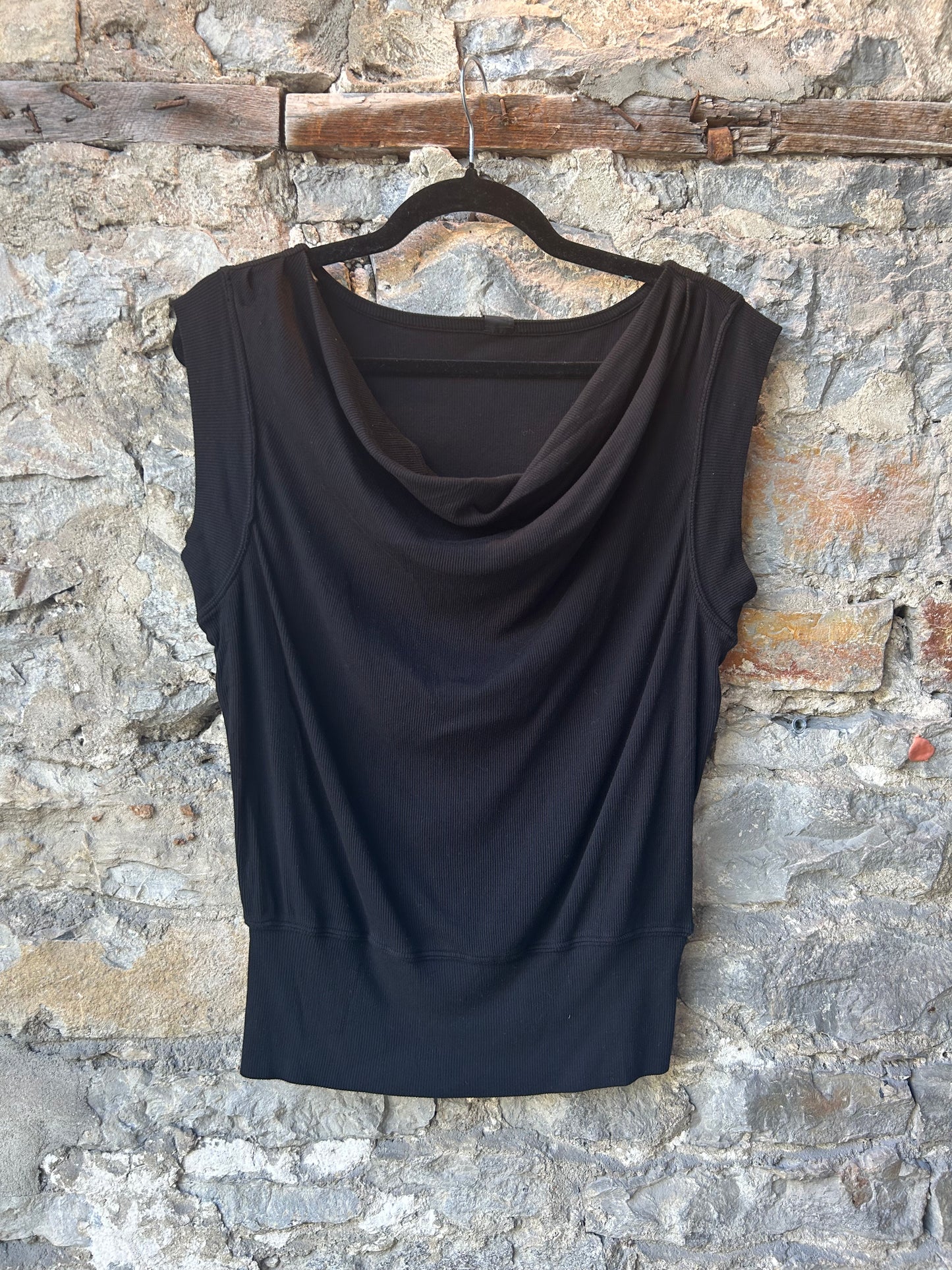 Ribbed Cowl Neck Tank - Black