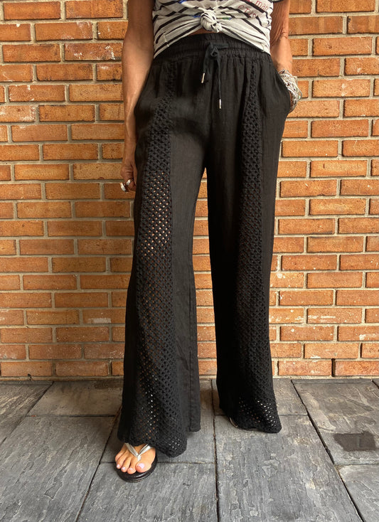 Linen Mix Crochet Front Pant with Pockets - BLACK