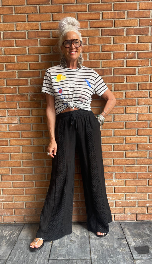 Linen Mix Crochet Front Pant with Pockets - BLACK