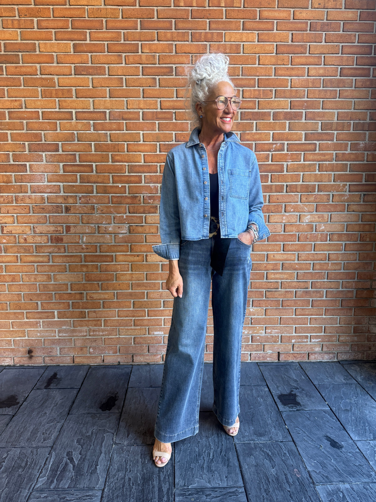 Cropped Light Wash Denim Shirt