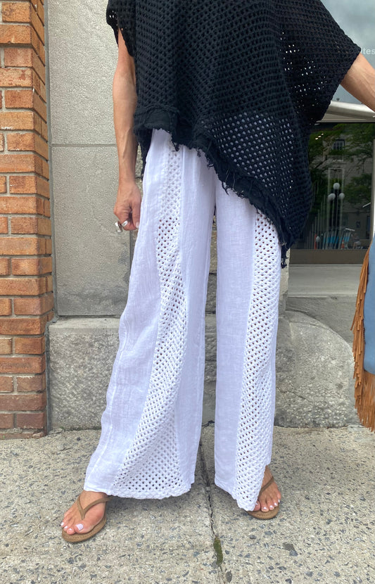 Linen Mix Crochet Front Pant with Pockets - WHITE