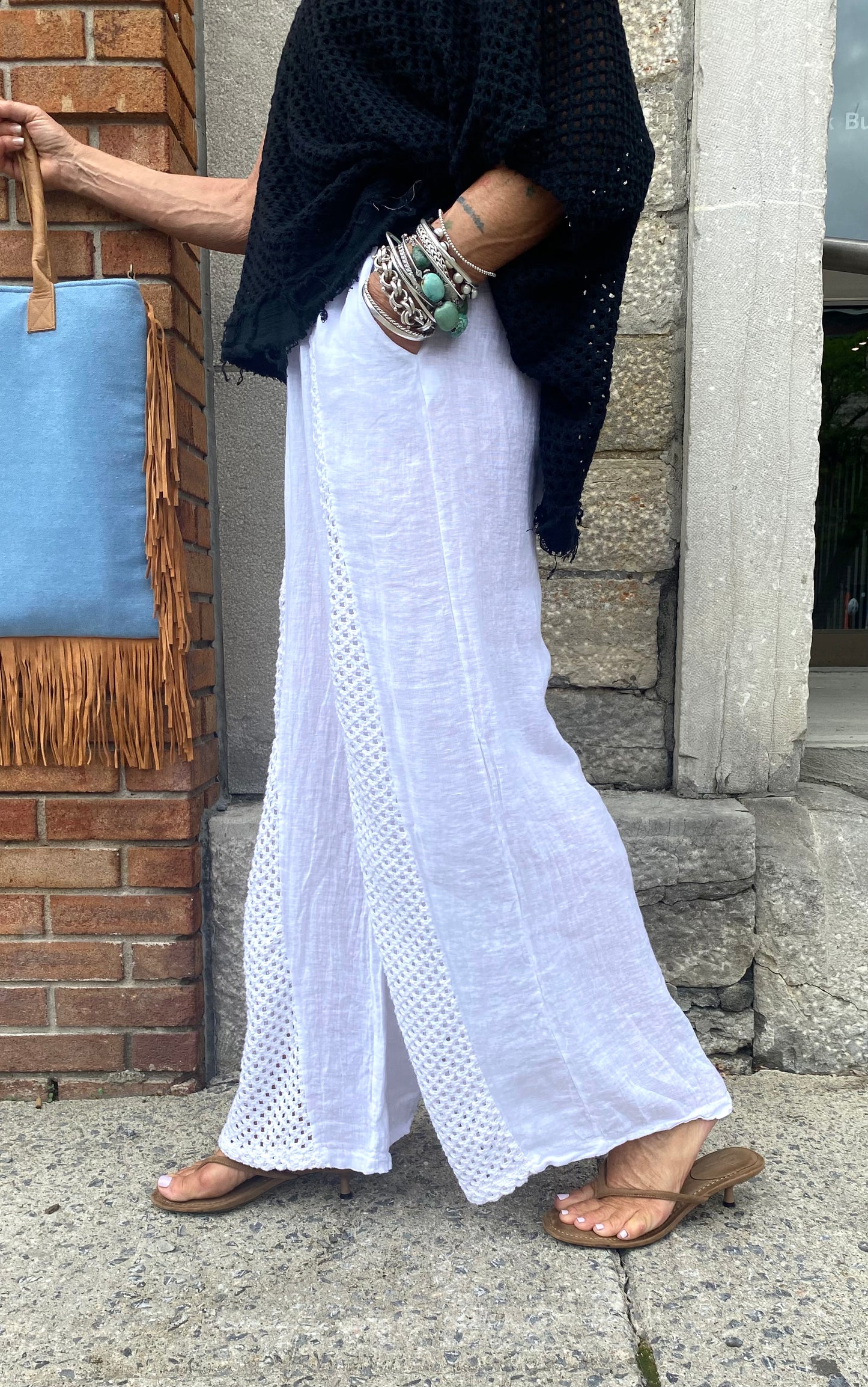 Linen Mix Crochet Front Pant with Pockets - WHITE