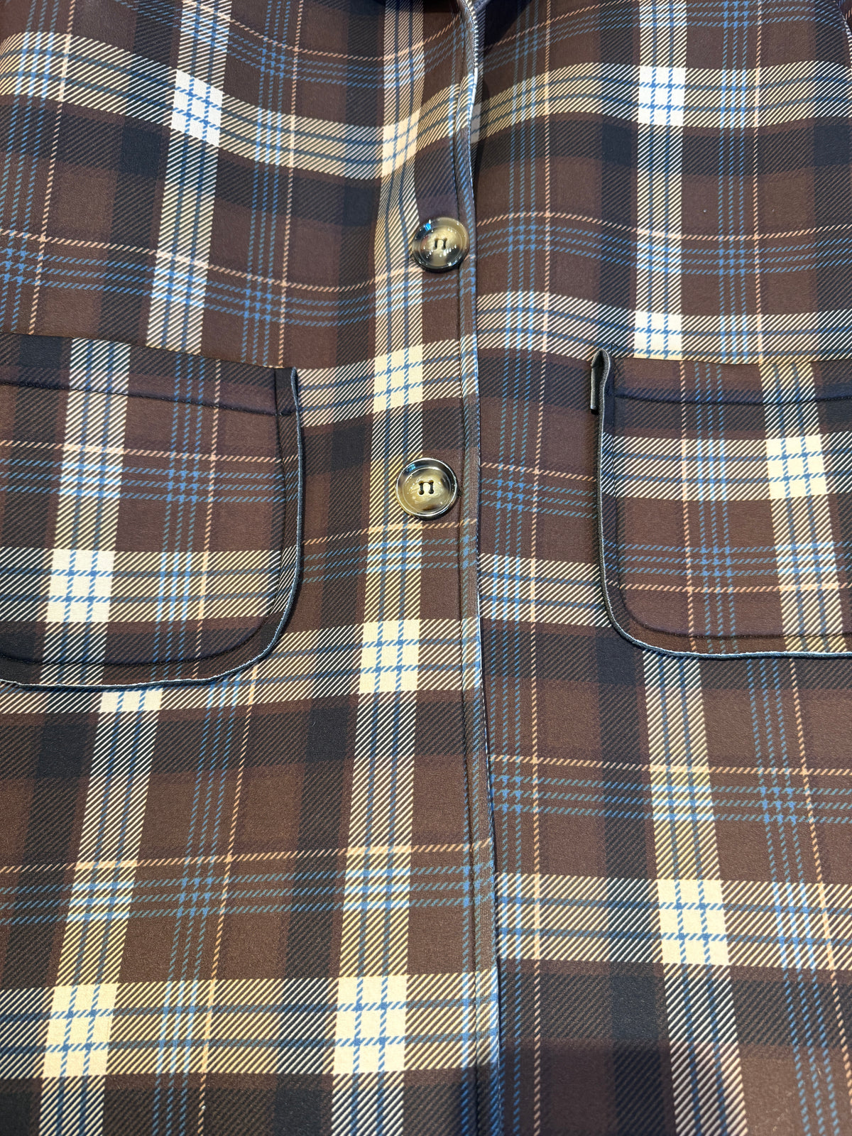 Plaid Neoprene Car Coat with POCKETS -  BROWN NAVY CREAM