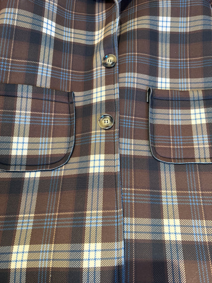 Plaid Neoprene Car Coat with POCKETS -  BROWN NAVY CREAM