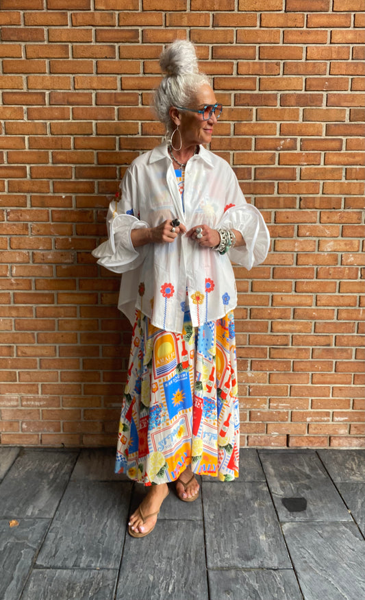 100% Cotton Oversized Embroidered Ruffle Sleeve Shirt