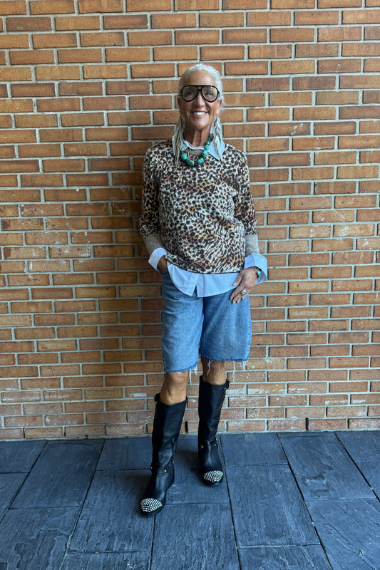 Animal Print Fuzzy Sweater - BROWN MIX