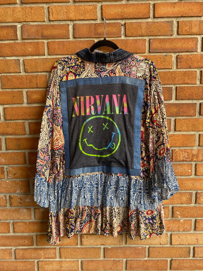 Denim Trim Band Tee Cardigan - NIRVANA