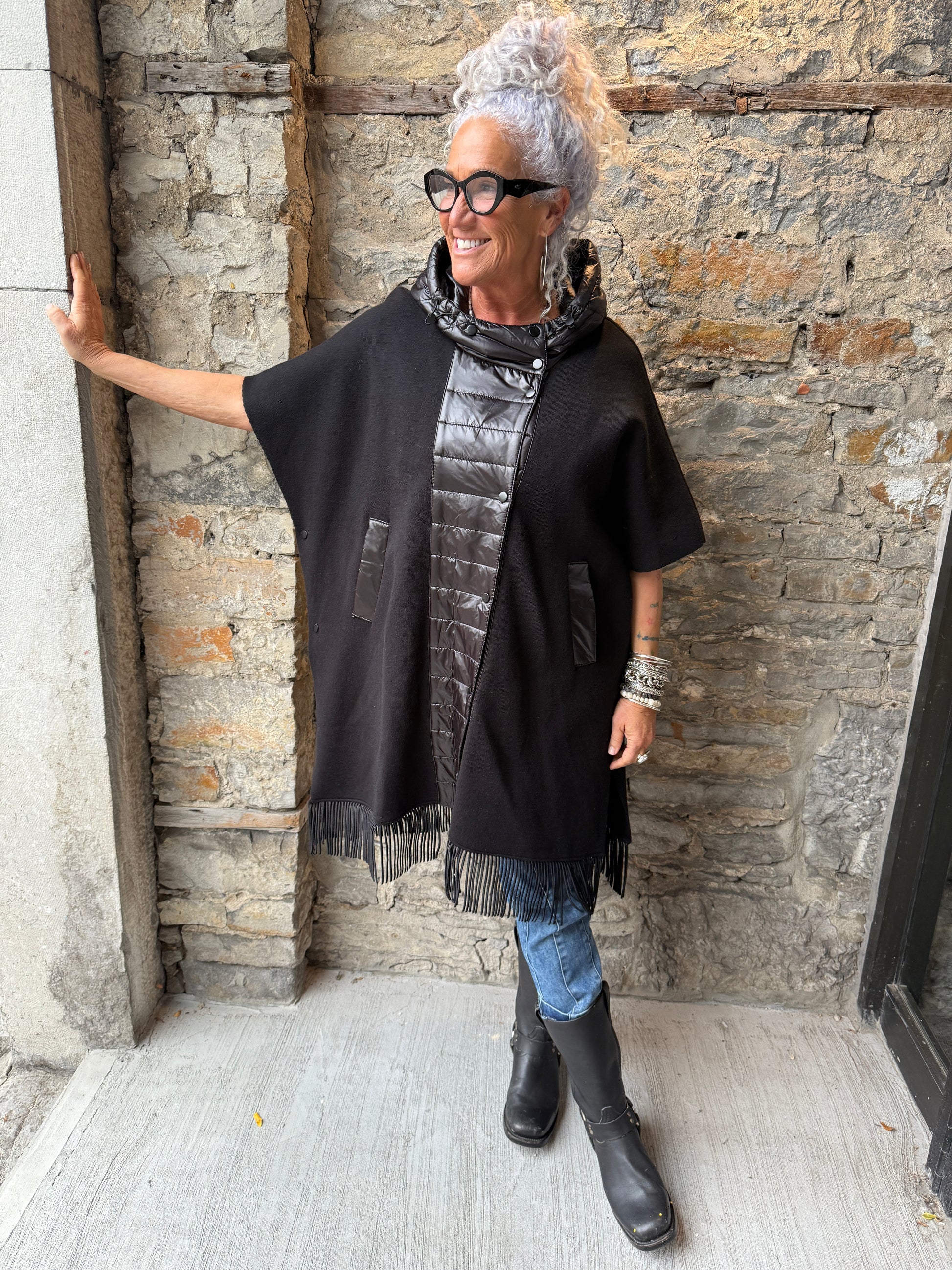 Knit Poncho coat with hood and side pockets- Black