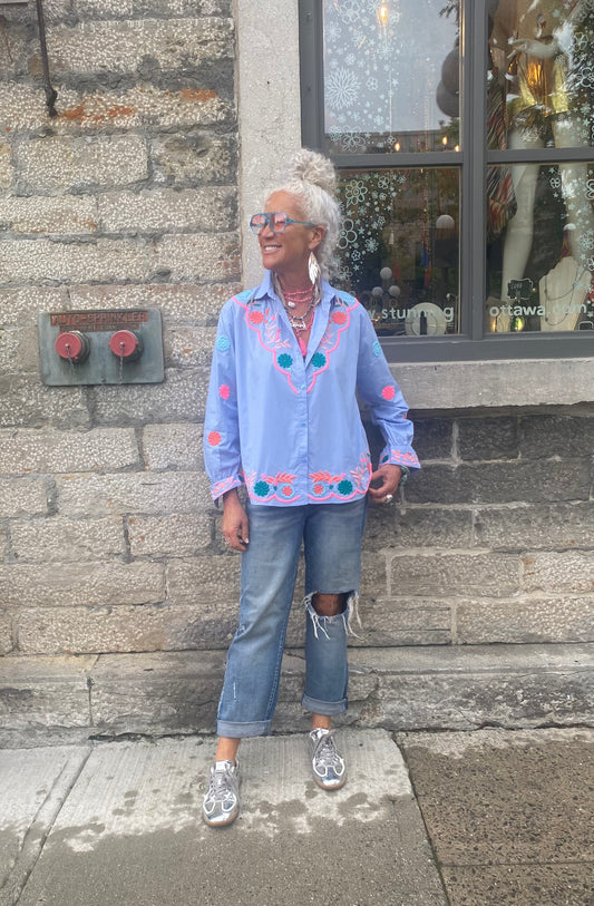 100% Cotton Embroidered Shirt - BLUE & PINK