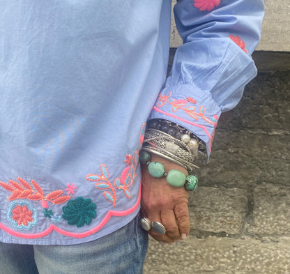 100% Cotton Embroidered Shirt - BLUE & PINK