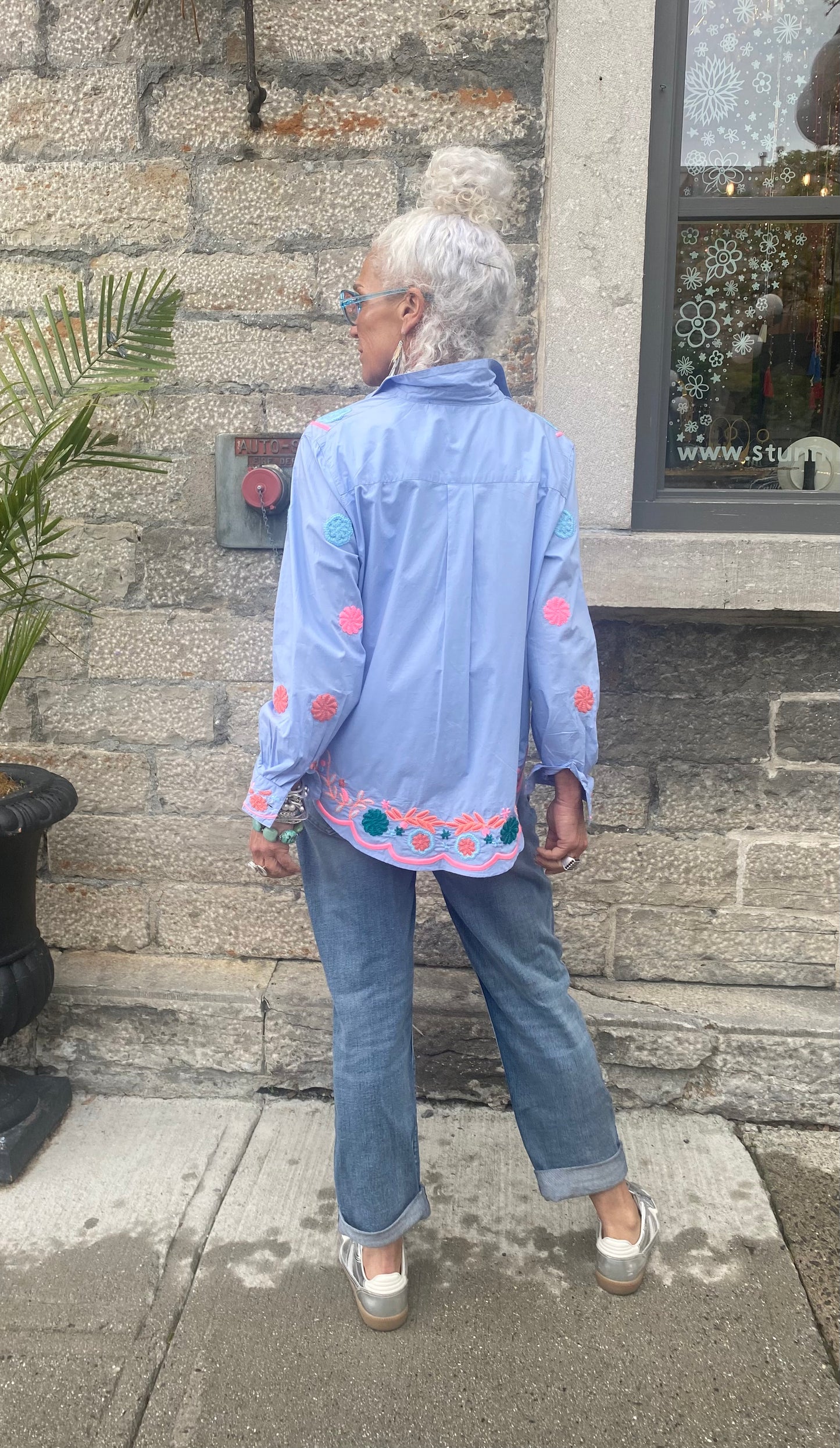 100% Cotton Embroidered Shirt - BLUE & PINK