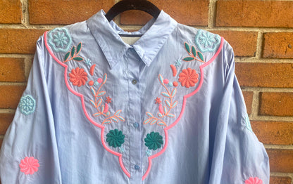 100% Cotton Embroidered Shirt - BLUE & PINK