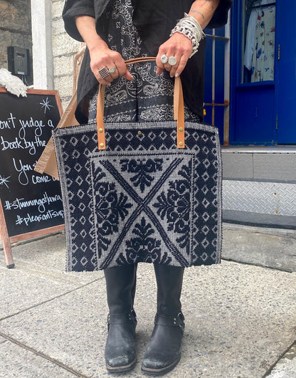 100% Cotton Woven Shoulder Tote with Leather Handle - BLACK