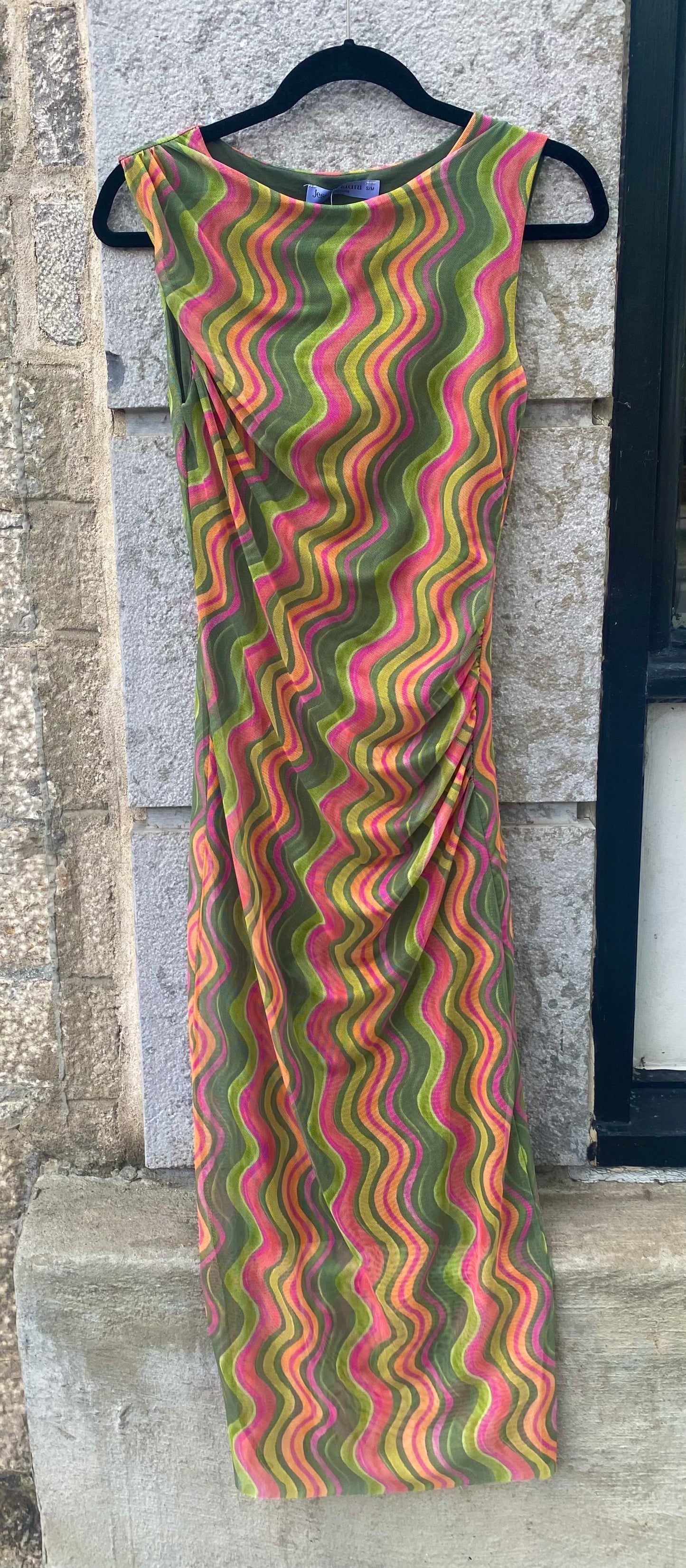 Multicolour Patterned Fitted Mesh Midi Dress - GREEN PINK GOLD ORANGE mix