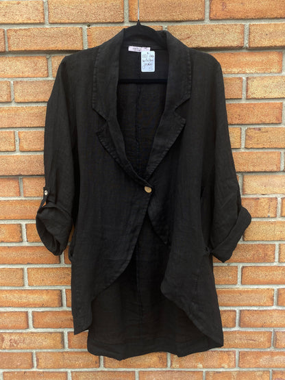 100% Linen One Button Blazer - BLACK