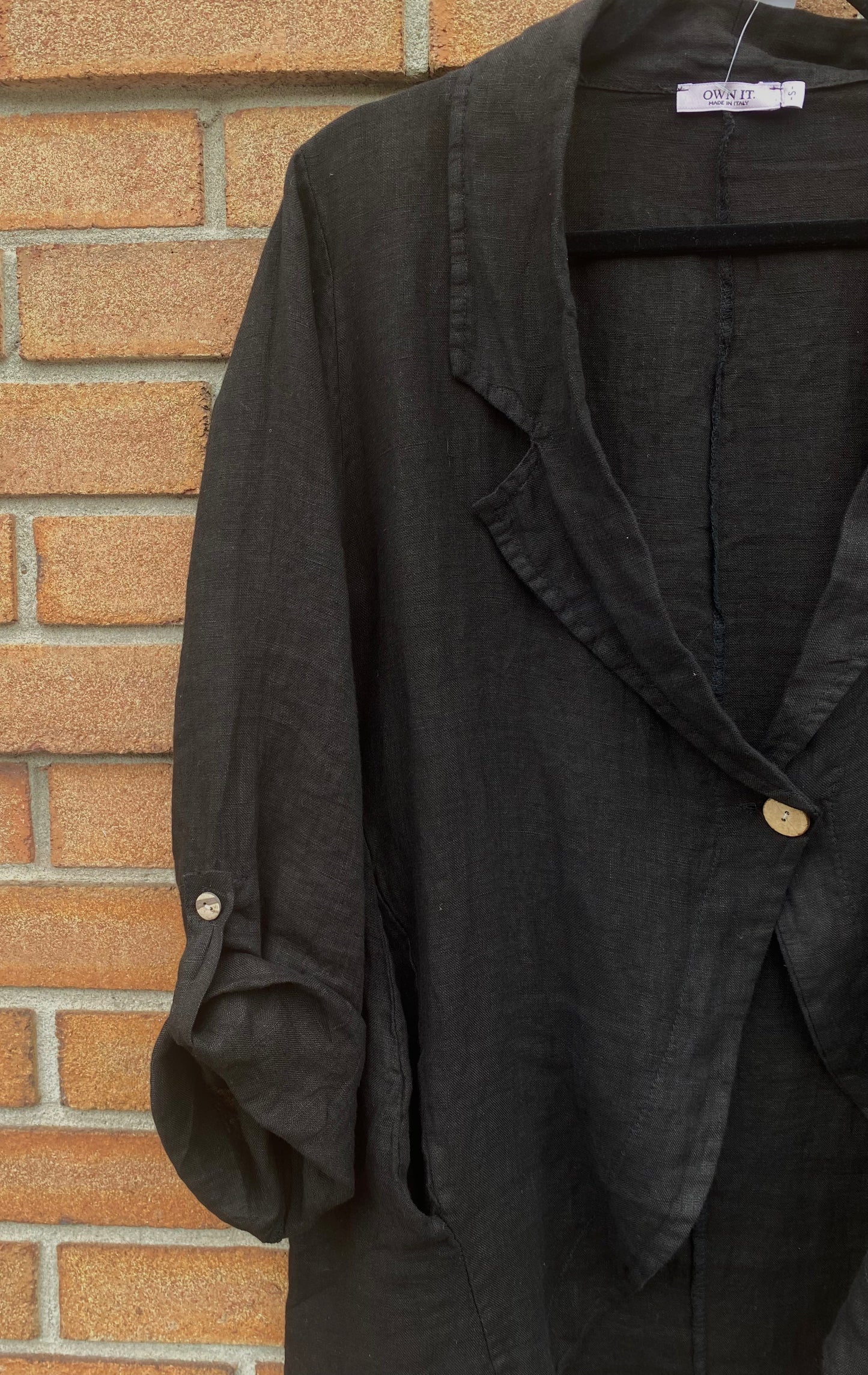 100% Linen One Button Blazer - BLACK
