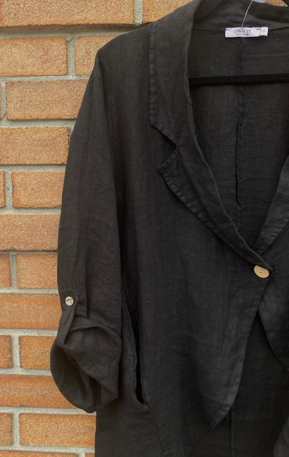 100% Linen One Button Blazer - BLACK