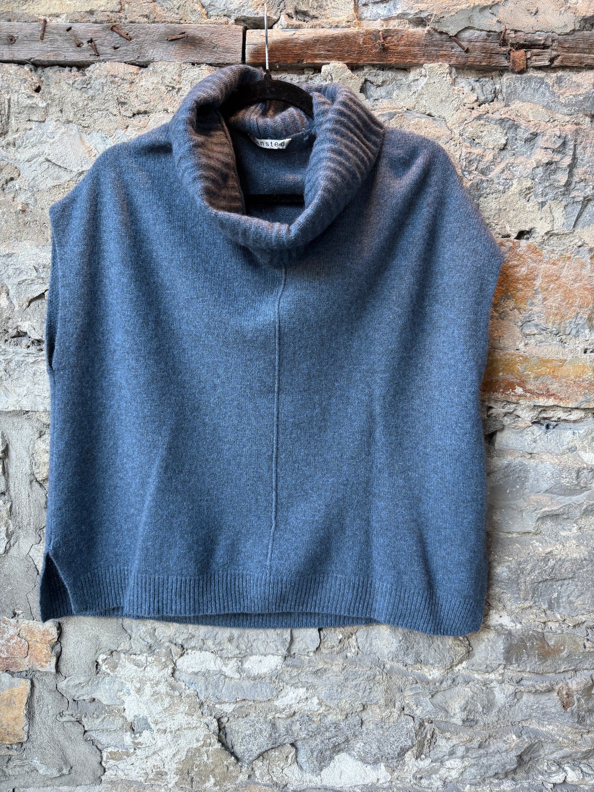 Sleeveless Relaxed Fit Cowl Neck Poncho Sweater- Denim Blue