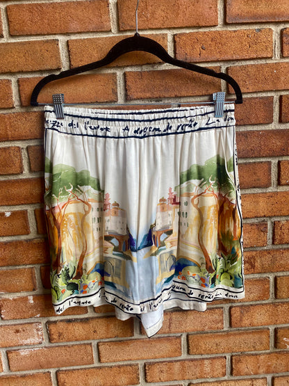 Relaxed Fit Printed Silk Shorts -  IVORY