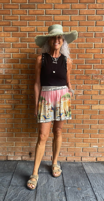 Relaxed Fit Printed Silk Shorts - PINK