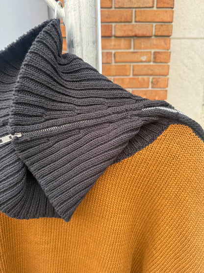 Cotton Ribbed Knit Collar Sweater - TAN and BLACK