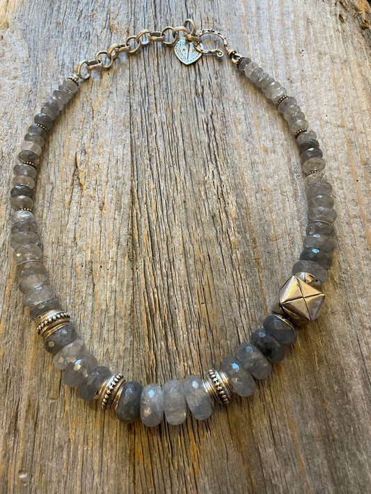 18"Faceted semi precious grey and silver necklace -One of a Kind 