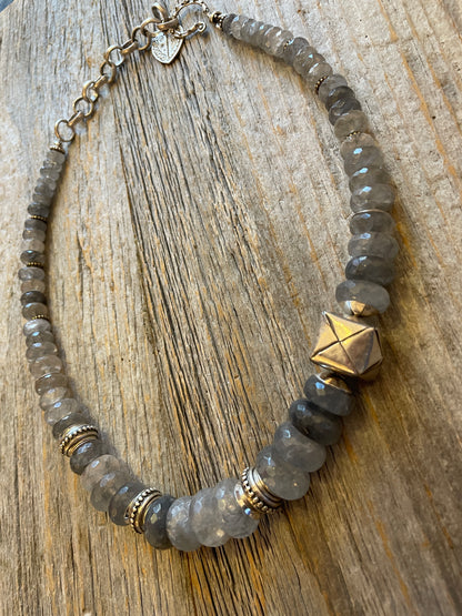 18"Faceted semi precious grey and silver necklace -One of a Kind 