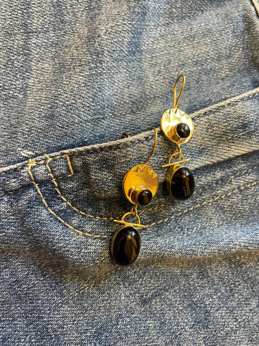 Black onyx and gold drop earrings- one of a kind