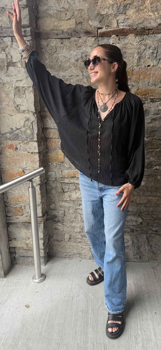 100% Cotton Loose Fitting Pheasant Top- BLACK