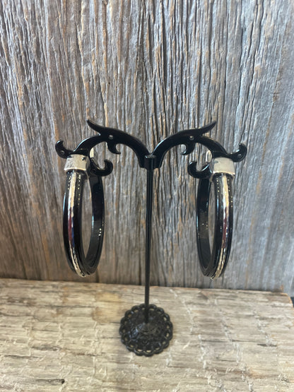 Large Black hoops with silver Earring