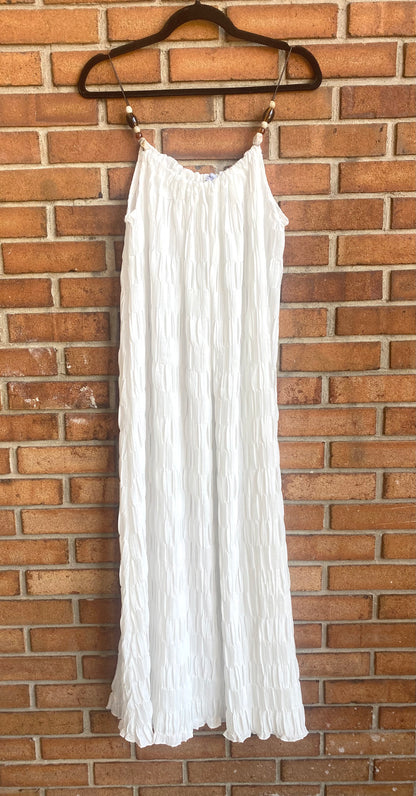Textured Maxi Sun Dress with Stone Strap Details - WHITE