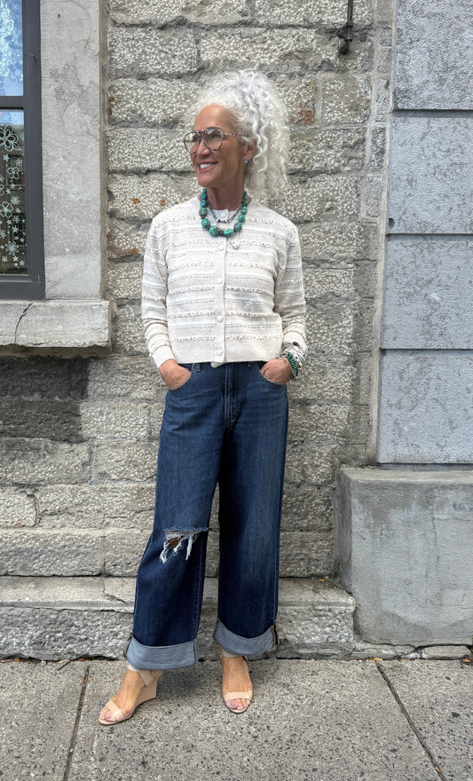 Knit Cropped Cardigan with Small Gold Sequin- OATMEAL IVORY MIX