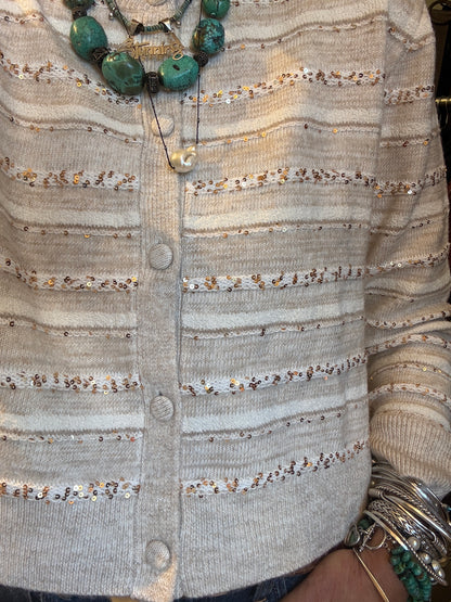 Knit Cropped Cardigan with Small Gold Sequin- OATMEAL IVORY MIX